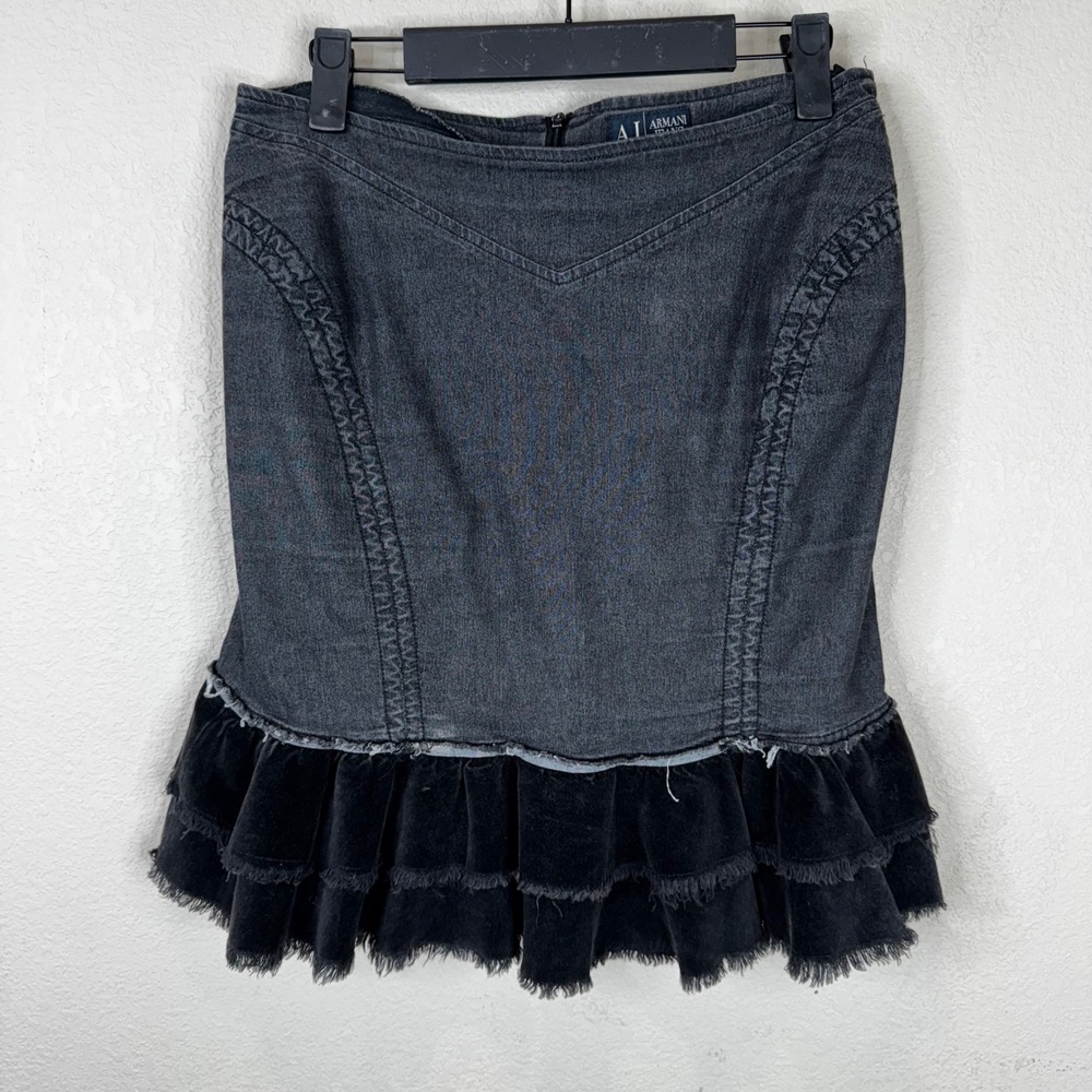 Armani Jeans Grey Denim Black Velvet Tiered Ruffle Mini Skirt Whimsygoth‎ Y2K  8